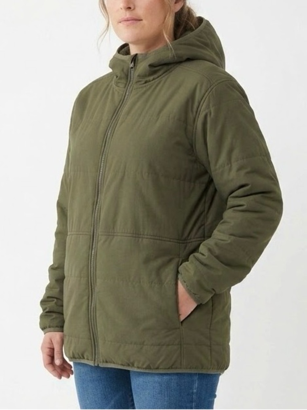 Exofficio Long Hooded Puffer Jacket Womens Size Large Olive Zip Front Poly Fill